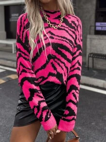SHEIN Unity Zebra Stripe Drop Shoulder Sweater - Hot Pink - View 5
