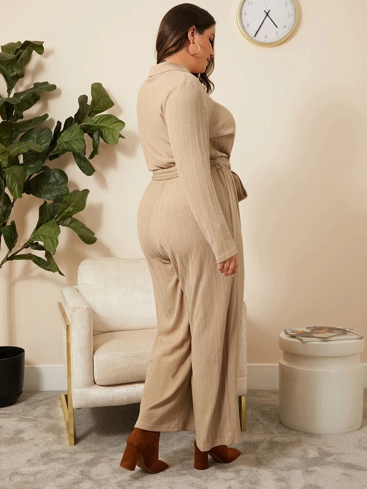 Plus Lapel Collar Wide Leg Belted Jumpsuit