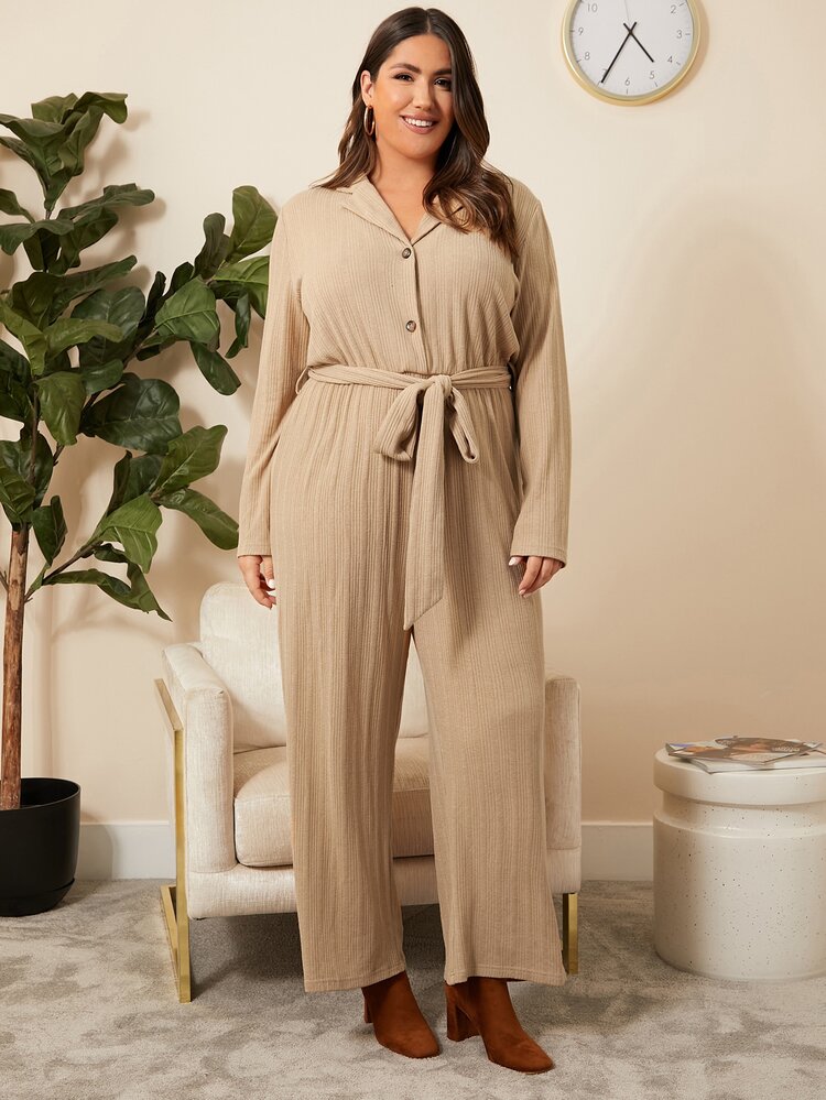 Plus Lapel Collar Wide Leg Belted Jumpsuit