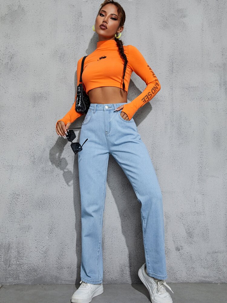 ストレートレッグジーンズ ハイウェスト ウォッシュド | SHEIN JAPAN