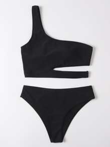 Cut Out One Shoulder Bikini - Black - View 1