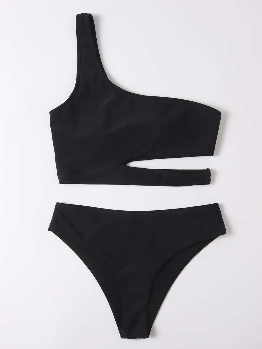 Cut Out One Shoulder Bikini - Black - View 1