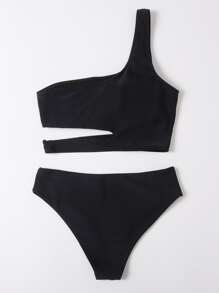 Cut Out One Shoulder Bikini - Black - View 2