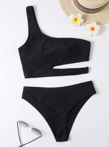 Cut Out One Shoulder Bikini - Black - View 3