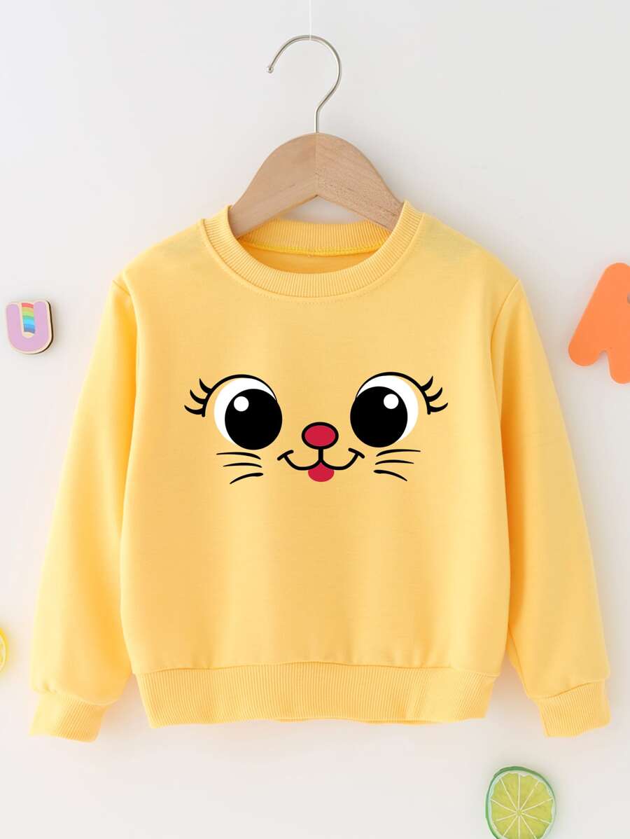 Young Girl Cartoon Graphic Pullover - Yellow - View 1