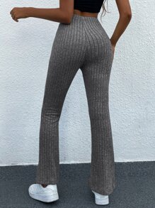 SHEIN Frenchy Pantalones acampanados de talle alto tejido de canalé - Gris - Ver 1