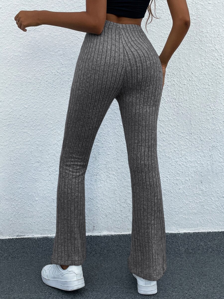 SHEIN Frenchy Pantalones acampanados de talle alto tejido de canalé - Gris - Ver 1