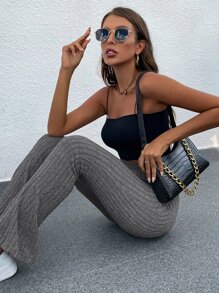 SHEIN Frenchy Pantalones acampanados de talle alto tejido de canalé - Gris - Ver 2