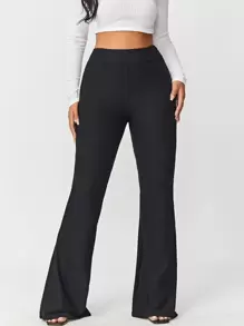 SHEIN SXY Solid Rib Knit Flare Leg Trousers - Black - View 1
