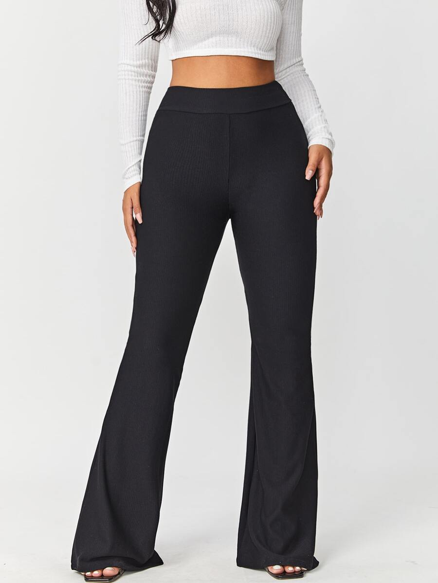 SHEIN SXY Solid Rib Knit Flare Leg Trousers - Black - View 1
