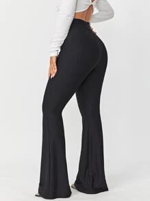SHEIN SXY Solid Rib Knit Flare Leg Trousers - Black - View 2