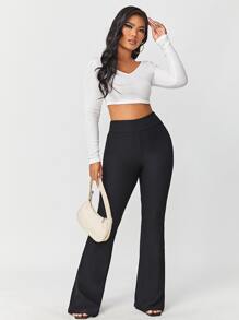 SHEIN SXY Solid Rib Knit Flare Leg Trousers - Black - View 3