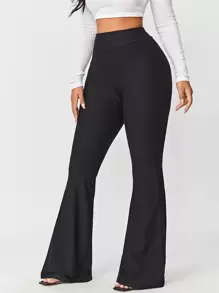 SHEIN SXY Solid Rib Knit Flare Leg Trousers - Black - View 5