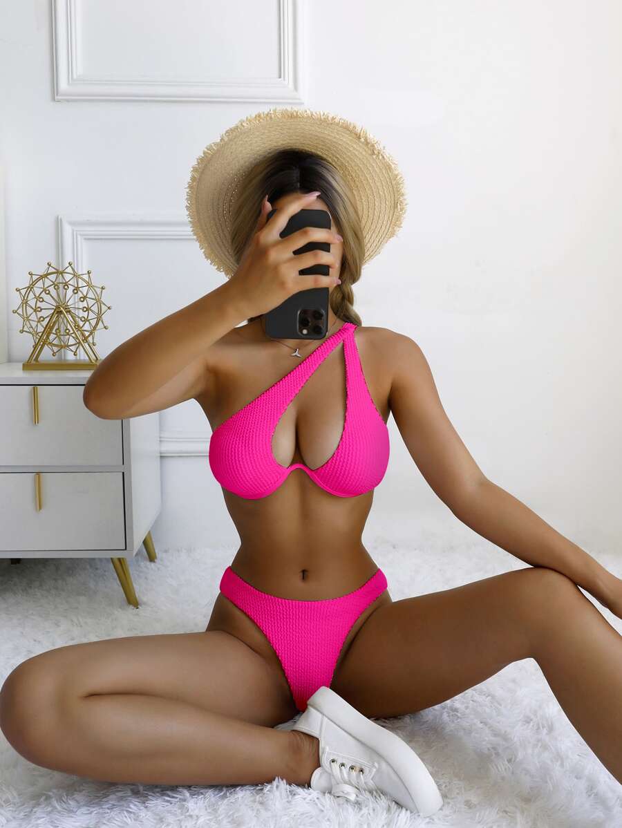 SHEIN Swim Bikini de un hombro con cable de refuerzo y corte alto para playa de verano - Rosa Fucsia - Ver 1