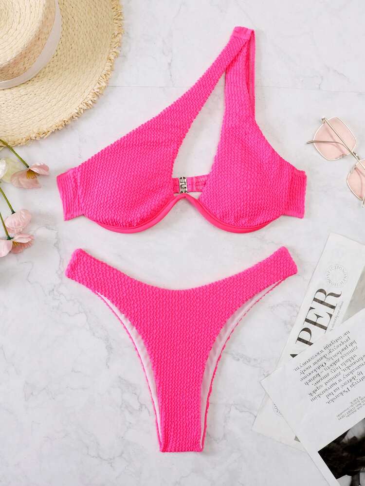 SHEIN Swim Bikini de un hombro con cable de refuerzo y corte alto para playa de verano - Rosa Fucsia - Añade 3