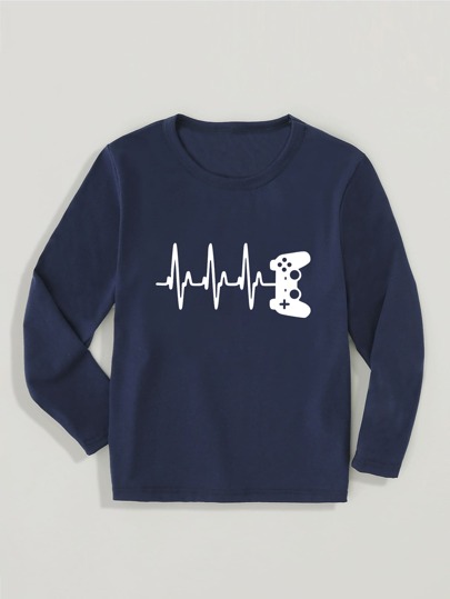 SHEIN Sweat-shirt à col rond décontracté de style simple pour les enfants, motif de console de jeux amusant, pour les grands enfants