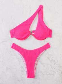 SHEIN Swim Bikini de un hombro con cable de refuerzo y corte alto para playa de verano - Rosa Fucsia - Ver 4
