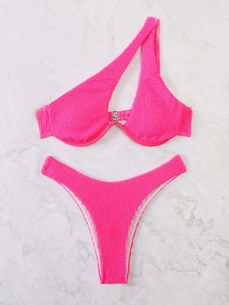 SHEIN Swim Bikini de un hombro con cable de refuerzo y corte alto para playa de verano - Rosa Fucsia - Añade 4