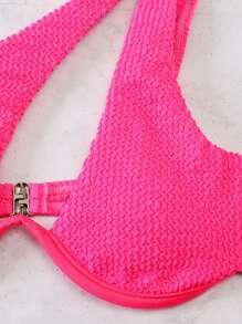SHEIN Swim Bikini de un hombro con cable de refuerzo y corte alto para playa de verano - Rosa Fucsia - Ver 5