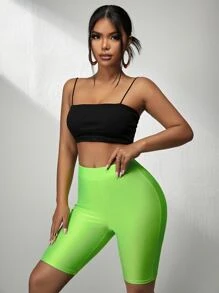 SHEIN SXY Neon Green Cycling Shorts - Lime Green - View 4