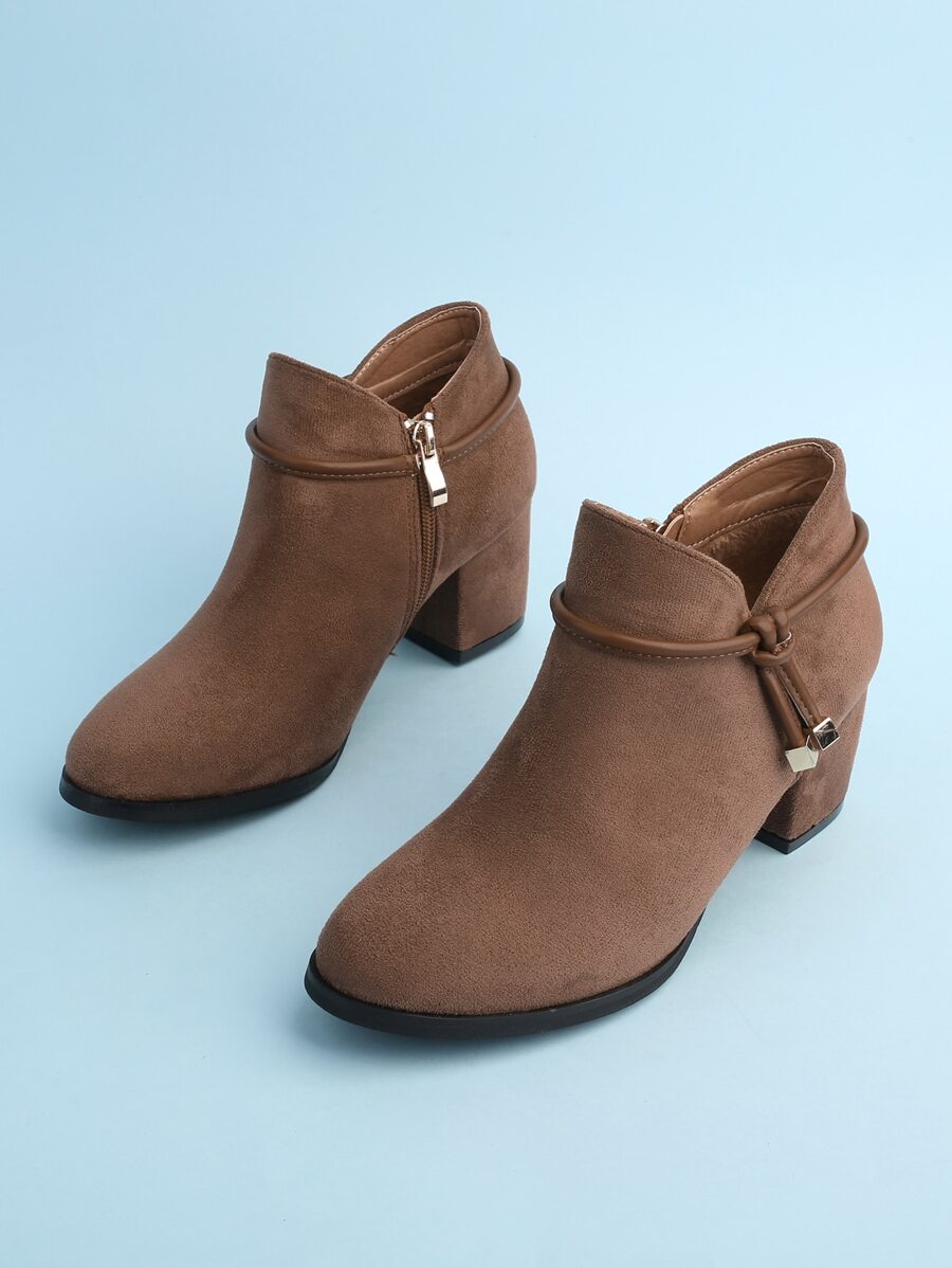 Botines elegantes de estilo americano de color liso para mujer con lazo y cremallera lateral y tacón grueso - Café integral - Ver 1