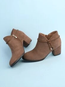 Botines elegantes de estilo americano de color liso para mujer con lazo y cremallera lateral y tacón grueso - Café integral - Ver 2