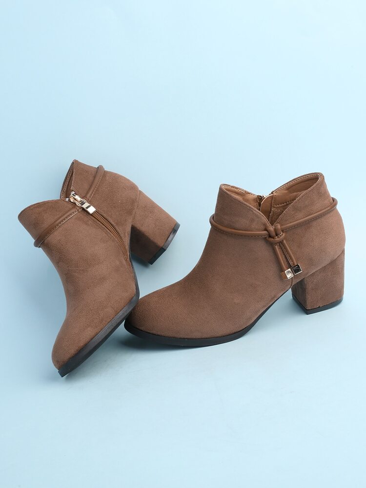 女士優雅素色美式風格踝靴帶蝴蝶結和側拉鍊和粗跟 - 咖啡棕 - 查看 2