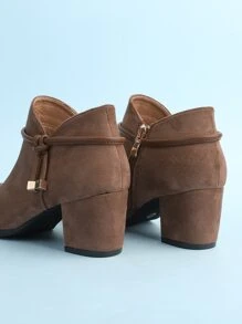 Botines elegantes de estilo americano de color liso para mujer con lazo y cremallera lateral y tacón grueso - Café integral - Ver 4