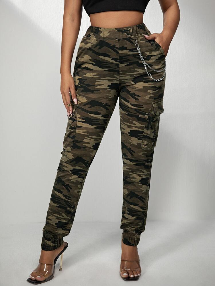 SHEIN SXY Zincir Cep Kamuflaj Gündelik Women Pants - Çok renkli - Görünüm 1