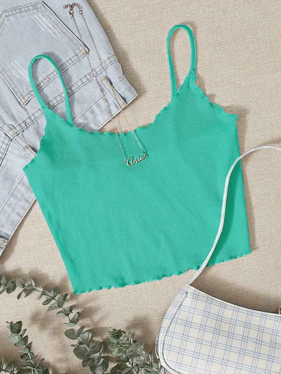 Muchica Lettuce Trim Rib-knit Crop Cami Top - Mint Blue - View 1