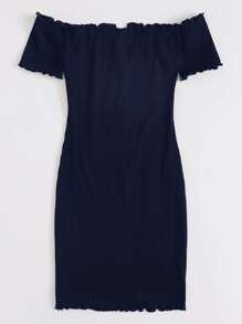 SHEIN Privé Off Shoulder Notched Neck Lettuce Trim Rib-knit Dress - Navy Blue - View 2