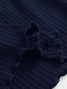 SHEIN Privé Off Shoulder Notched Neck Lettuce Trim Rib-knit Dress - Navy Blue - View 4