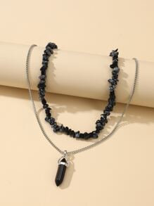 2pcs Stone Beaded Necklace - Black - View 4