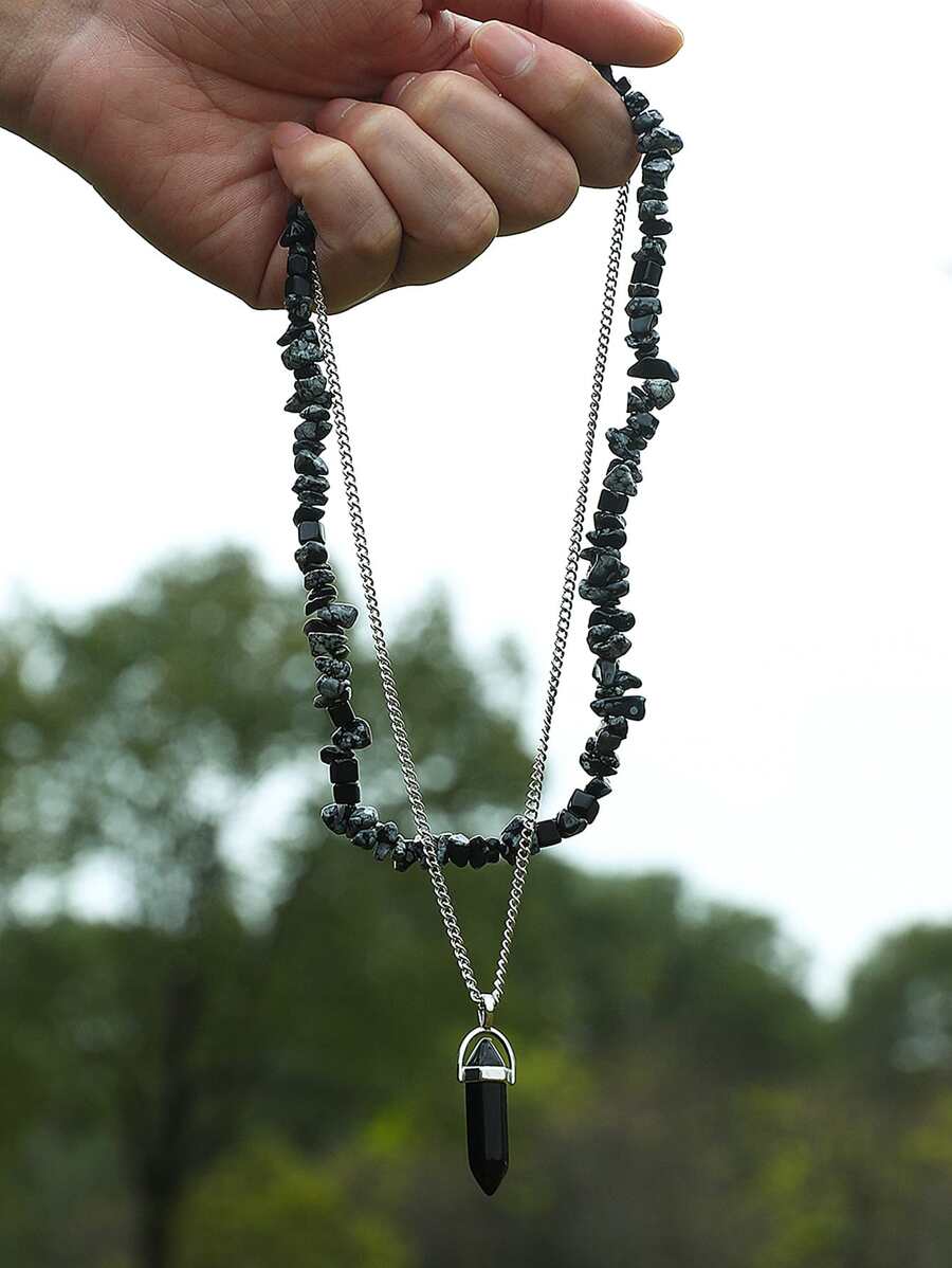 2pcs Stone Beaded Necklace - Black - View 1