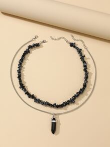 2pcs Stone Beaded Necklace - Black - View 2