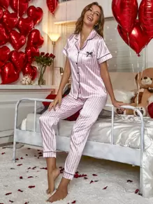 Striped Print Contrast Binding Satin PJ Set / Pajama Set