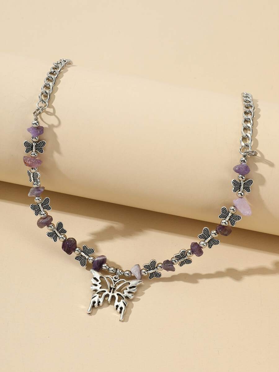 Bướm Charm hạt trang trí vòng cổ - Màu tím - Xem 1