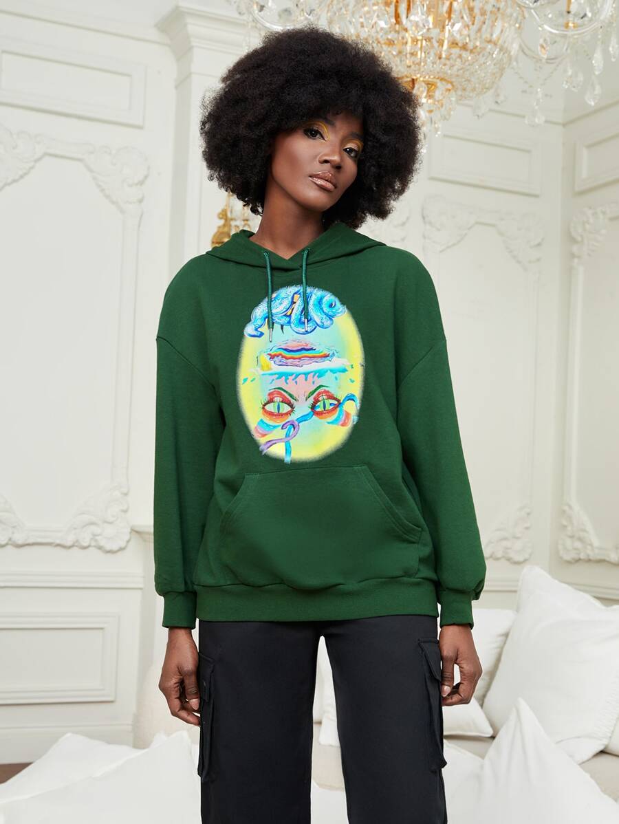 WKED Hoodie Thả vai Con số & Mẫu đồ họa Dây rút Túi kangaroo - màu xanh lá - Xem 1