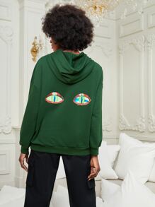 WKED Hoodie Thả vai Con số & Mẫu đồ họa Dây rút Túi kangaroo - màu xanh lá - Xem 2