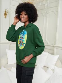 WKED Hoodie Thả vai Con số & Mẫu đồ họa Dây rút Túi kangaroo - màu xanh lá - Xem 3