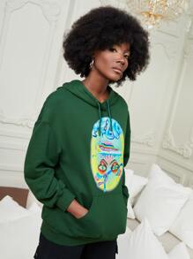 WKED Hoodie Thả vai Con số & Mẫu đồ họa Dây rút Túi kangaroo - màu xanh lá - Xem 4