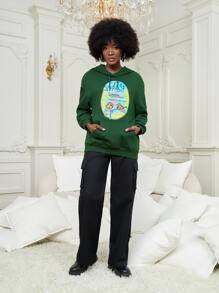 WKED Hoodie Thả vai Con số & Mẫu đồ họa Dây rút Túi kangaroo - màu xanh lá - Xem 5