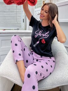 Lip Print Tee & Polka Dot Trousers Pyjama Set - Multicolor - View 1