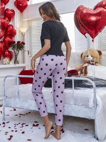 Lip Print Tee & Polka Dot Trousers Pyjama Set - Multicolor - View 2