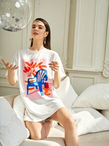 ONG LIJIE 植物和圖案印花落肩袖長款T恤 - 白色 - 查看 3