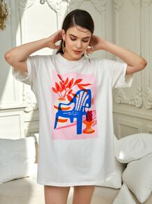 ONG LIJIE 植物和圖案印花落肩袖長款T恤 - 白色 - 查看 4