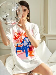 ONG LIJIE 植物和圖案印花落肩袖長款T恤 - 白色 - 查看 5