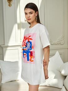 ONG LIJIE 植物和圖案印花落肩袖長款T恤 - 白色 - 查看 6