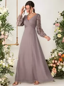 Váy phù dâu bằng vải chiffon tay đèn lồng ren tương phản, váy dài tay thanh lịch - Bụi tím - Xem 1
