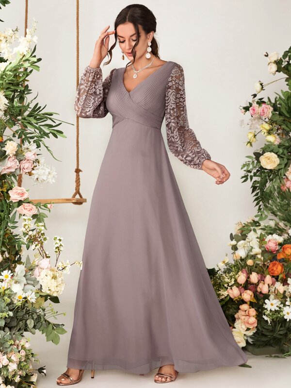 Contrast Lace Lantern Sleeve Plisse Chiffon Bridesmaid Dress, Elegant Long Sleeve Dress